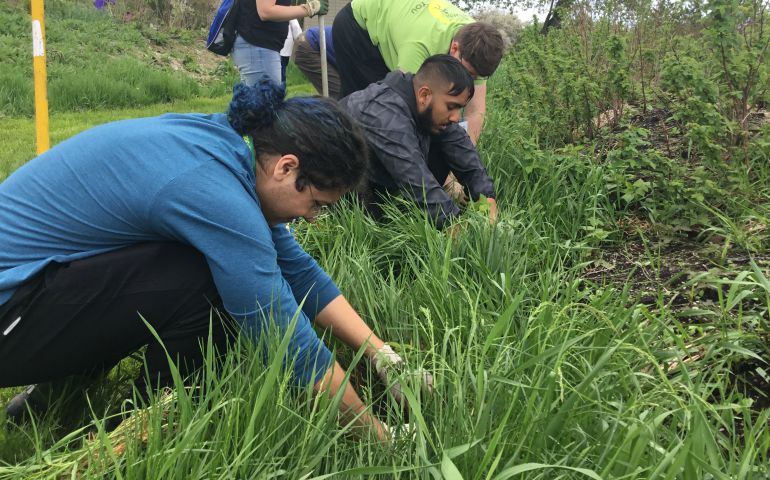 Young people plant food crops on a Hugelmound in the permaculture site on the campus of the Adrian Dominican Sisters' community. (Courtesy of Adrian Dominican Sisters)