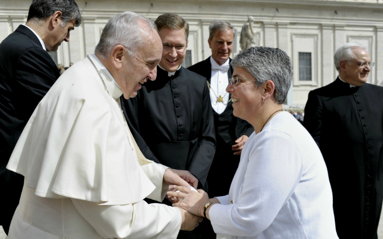 Pope Francis greets St. Joseph Sr. Mary Pellegrino, then president-elect of LCWR, during a Vatican visit on April 16, 2016. (L'Osservatore Romano)