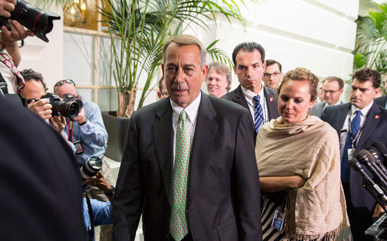 Speaker of the House John Boehner leaves a Republican caucus meeting at the Capitol in Washington Aug. 1 after a bill to fund border security foundered on tea party demands. (Reuters/Joshua Roberts)