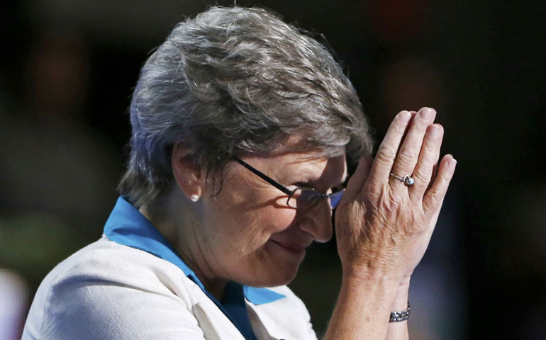 Sr. Simone Campbell, executive director of NETWORK, gestures after addressing the second session of the Democratic National Convention in Charlotte, N.C., Sept. 5. (CNS/Reuters/Eric Thayer)