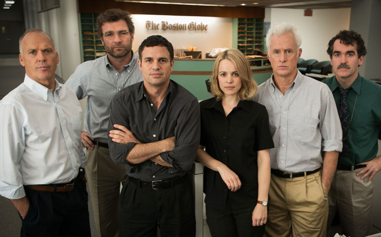 From left: Michael Keaton, Liev Schreiber, Mark Ruffalo, Rachel McAdams, John Slattery and Brian d’Arcy James star in "Spotlight." (Entertainment One)