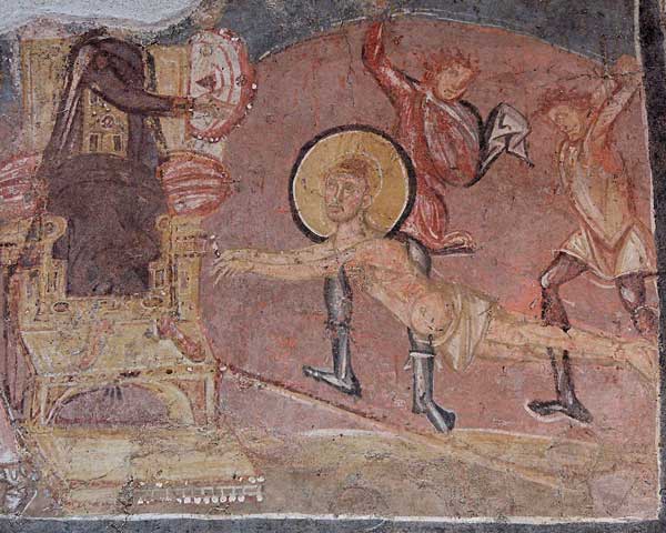 Eighth-century Byzantine artwork from the crypt of the church of Santa Maria in Via Lata in Rome depicts St. Erasmus flogged in the presence of Emperor Diocletian. (Wikimedia Commons/Jastrow)
