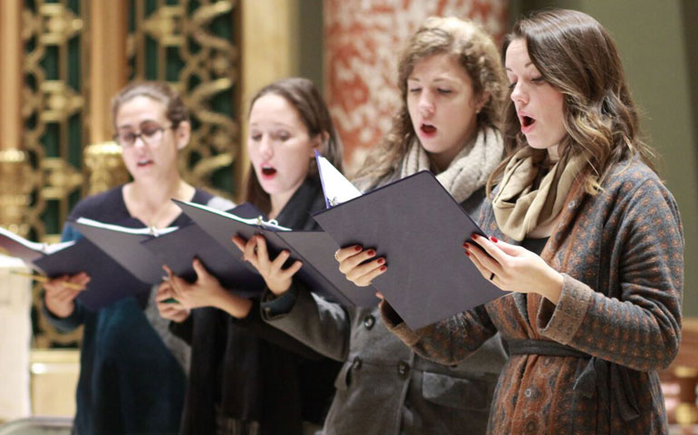 Amanda Sidebottom, Elizabeth Merrill, Grace Bernardo and Clare Maloney record music for "Hark! A Thrilling Voice Is Sounding," a CD of sacred Advent and Christmas music that was released last December. (CNS/Courtesy Church of Our Saviour/Harold Levine)