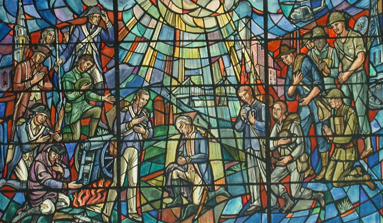 George Washington kneels in prayer at the center of a 20th-century design drawing for a stained glass window, from the archives of U.S. company J&R Lamb Studios. (Library of Congress Prints and Photographs Division)