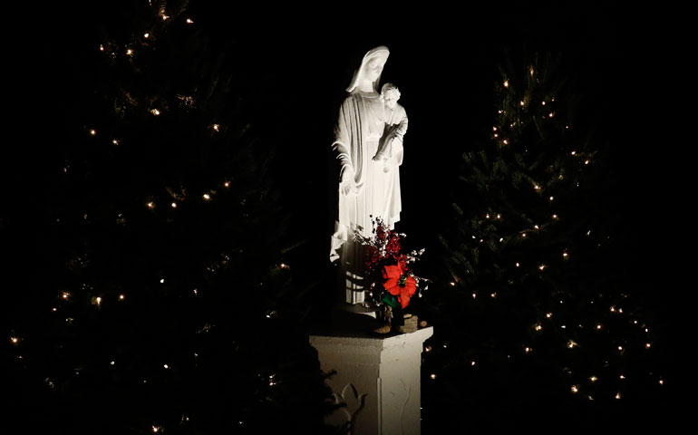 A statue of Mary holding the infant Jesus is seen Dec. 19, 2015, at the entrance of Immaculate Conception Seminary in Huntington, N.Y. (CNS/Gregory A. Shemitz)