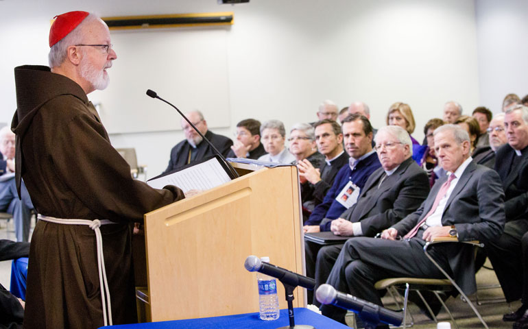Boston Cardinal Sean O’Malley speaks at a news conference Nov. 15 to announce his approval of a plan to group the archdiocese’s 288 parishes into 135 “pastoral collaboratives.” (CNS/The Pilot/Gregory L. Tracy)