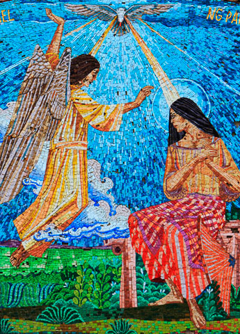 A mosaic in the Basilica of the Annunciation in Nazareth, Israel, depicts the angel Gabriel appearing to Mary. (CNS/Greg Tarczynski)