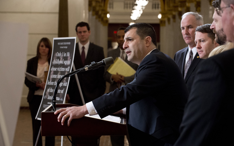 At a press conference at the Pennsylvania Capitol in Harrisburg on March 2, 2015, State Rep. Mark Rozzi speaks about legislative reforms to the state's statute of limitations in child sexual abuse cases. (Courtesy of Pennsylvania House of Representatives, Democratic Caucus)
