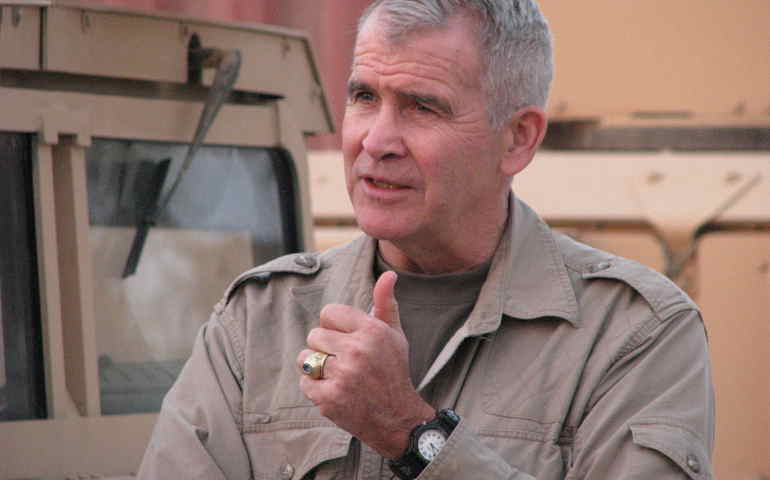 Oliver North during an interview in Kalsu, Iraq, December 2007. (photo Wikimedia Commons.)
