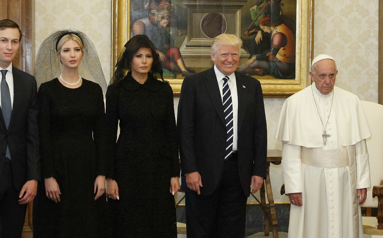 Pope Francis poses for a photo with President Donald Trump, his wife Melania and daughter Ivanka Trump, accompanied by her husband, Jared Kushner, during a private audience at the Vatican May 24. (CNS/Paul Haring)