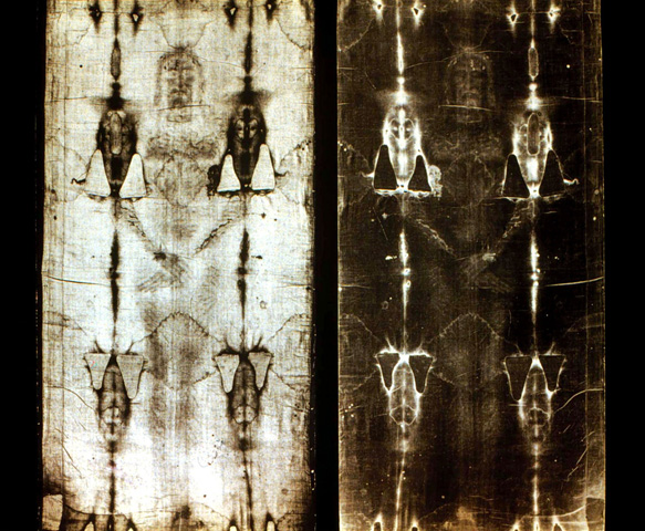 The Shroud of Turin is shown in this positive, left, and negative combo undated file photo. (CNS/Reuters/Claudio Papi)