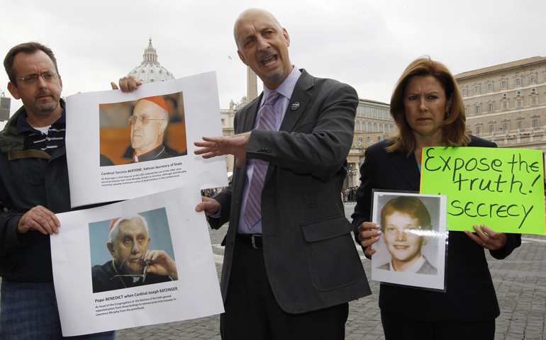 John Pilmaier, Peter Isely, and Barbara Blaine take part in a demonstration against child sexual abuse, in front of St. Peter's Square at the Vatican, March 25, 2010 (CNS/Alessandro Bianchi, Reuters)