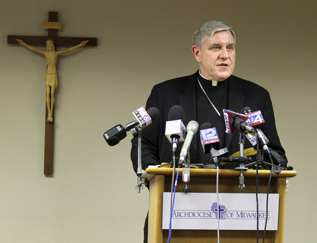 Milwaukee Archbishop Jerome E. Listecki answers questions from the media during an afternoon news conference, Tuesday, Jan. 4 at the Cousins Center, St. Francis, after announcing the Milwaukee Archdiocese will file for Chapter 11 reorganization of its financial affairs under the U.S. Bankruptcy Code. (CNS/Catholic Herald/Allen Fredrickson)