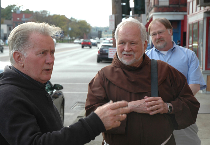 Martin Sheen talks with St. Anthony Messenger staff outside their Cincinnati editorial offices after recording an interview for American Catholic Radio Oct. 14, 2011. (CNS photo/John Feister, St. Anthony Messenger)