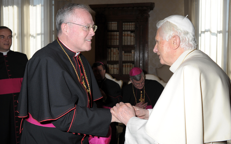 Pope Benedict XVI greets Bishop Michael Hoeppner of Crookston during a March 8, 2012, meeting with bishops from Minnesota on their "ad limina" visits to the Vatican. (CNS/L'Osservatore Romano)