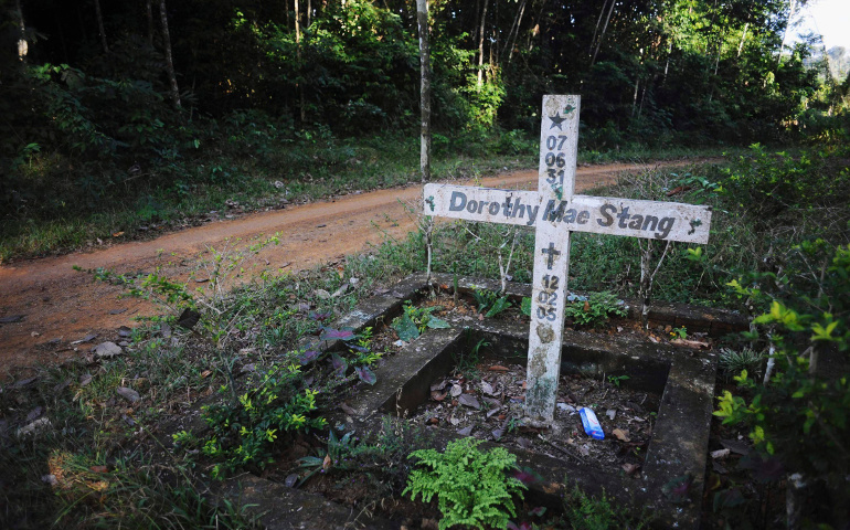 A cross stands on the spot where U.S. Sr. Dorothy Stang, a member of the Sisters of Notre Dame de Namur, was murdered Feb. 12, 2005, on an isolated road near the Brazilian town of Anapu. (CNS photo/Lunae Parracho, Reuters)