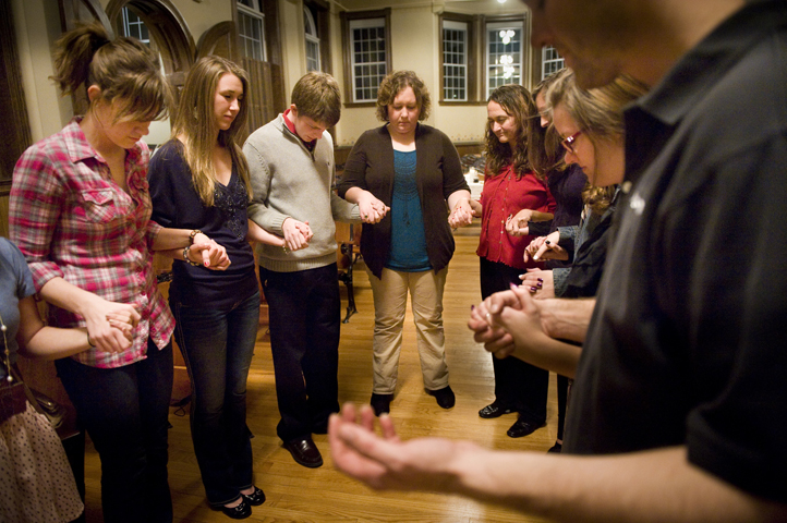 Young people pray in 2012 at the Newman Center-Catholic Student Center on the campus of Lindenwood University in St. Charles, Mo.  (CNS/Lisa Johnston, St. Louis Review) 