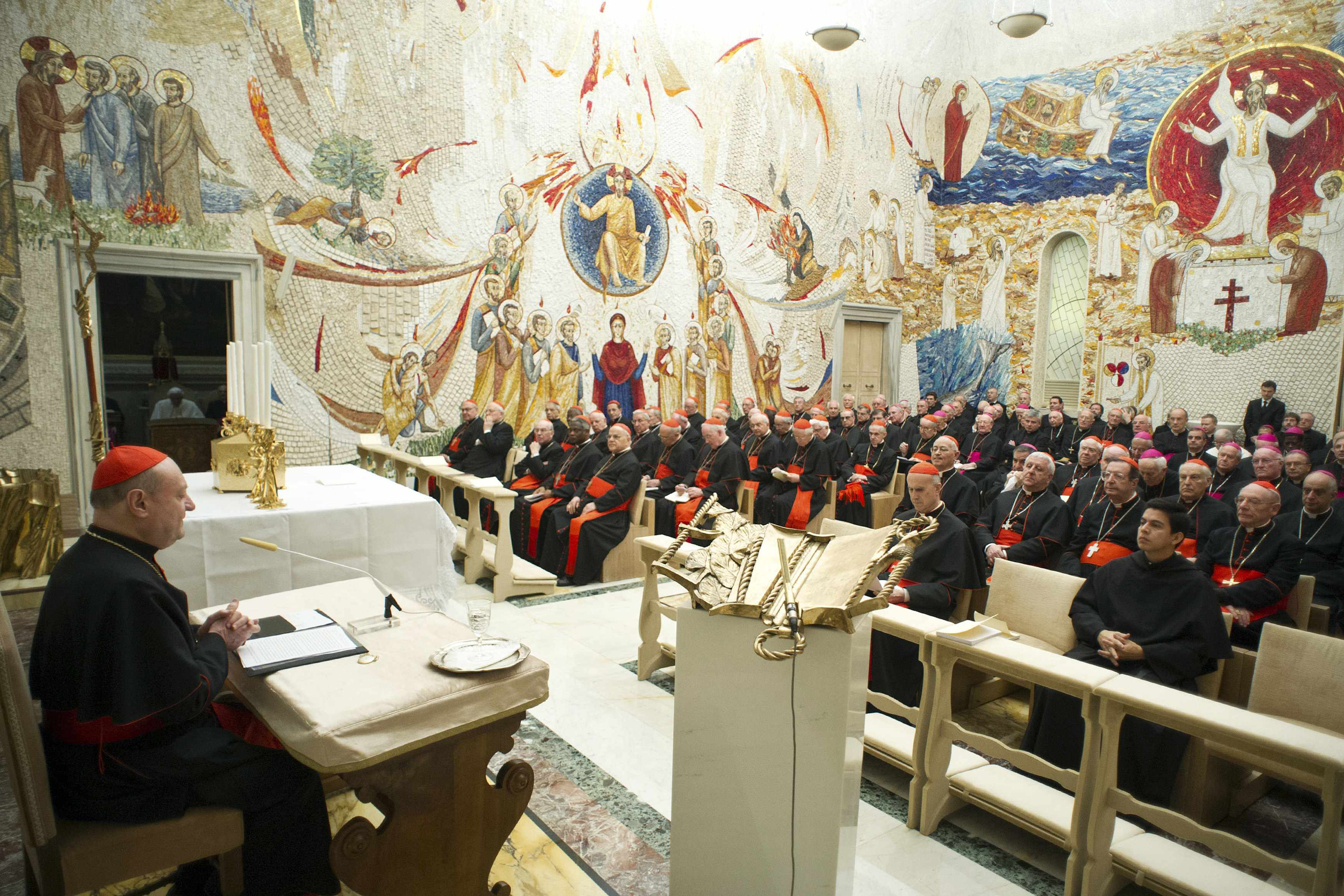 Cardinal Gianfranco Ravasi, president of the Pontifical Council for Culture, addresses members of the Roman Curia during the closing day of a spiritual retreat with Pope Benedict XVI at the Vatican Feb. 23. (CNS photo/L'Osservatore Romano via Reuters)