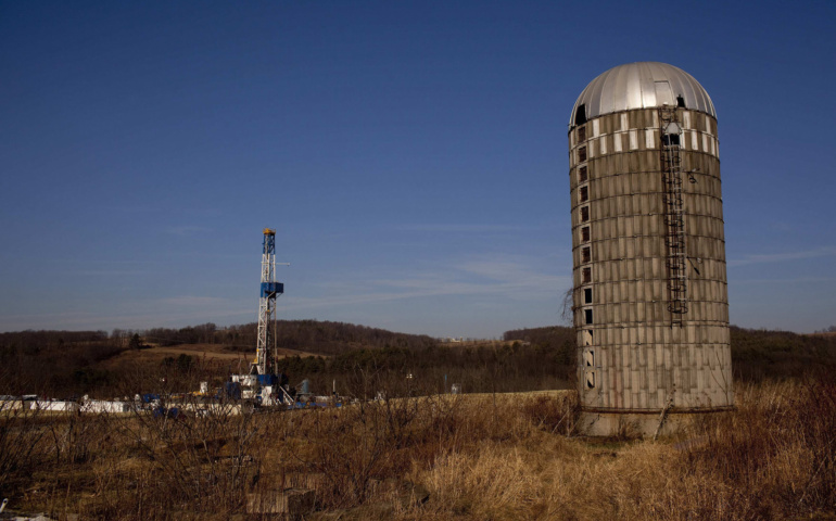 This 2012 photo shows a natural gas well drilled in a rural field near Canton, Pa. Catholic advocates have added their voices in opposition to hydraulic fracturing, or fracking, a drilling process that retrieves natural gas trapped in underground shale deposits.(CNS photo/Les Stone, Reuters)