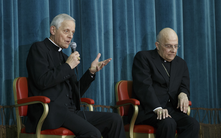 Cardinal Donald Wuerl of Washington speaks at press conference also led by Cardinal Francis George of Chicago on Monday at the Pontifical North American College in Rome. (CNS/Paul Haring)