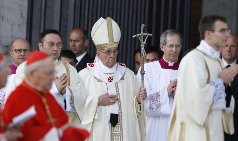 Pope Francis arrives to celebrate Mass marking the feast of Corpus Christi outside the Basilica of St. John Lateran in Rome  (CNS photo/Paul Haring) 