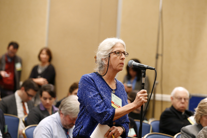 Martha Hennessy of the Catholic Worker poses a question during a news conference at the bishops' annual fall meeting in Baltimore Nov. 12, 2013. (CNS/Nancy Phelan Wiechec)