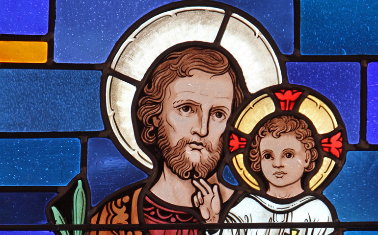 St. Joseph and the infant Jesus are depicted in a stained-glass window at the St. Joseph Home for the Aged in Huntington, N.Y. (CNS/Long Island Catholic/Gregory A. Shemitz)