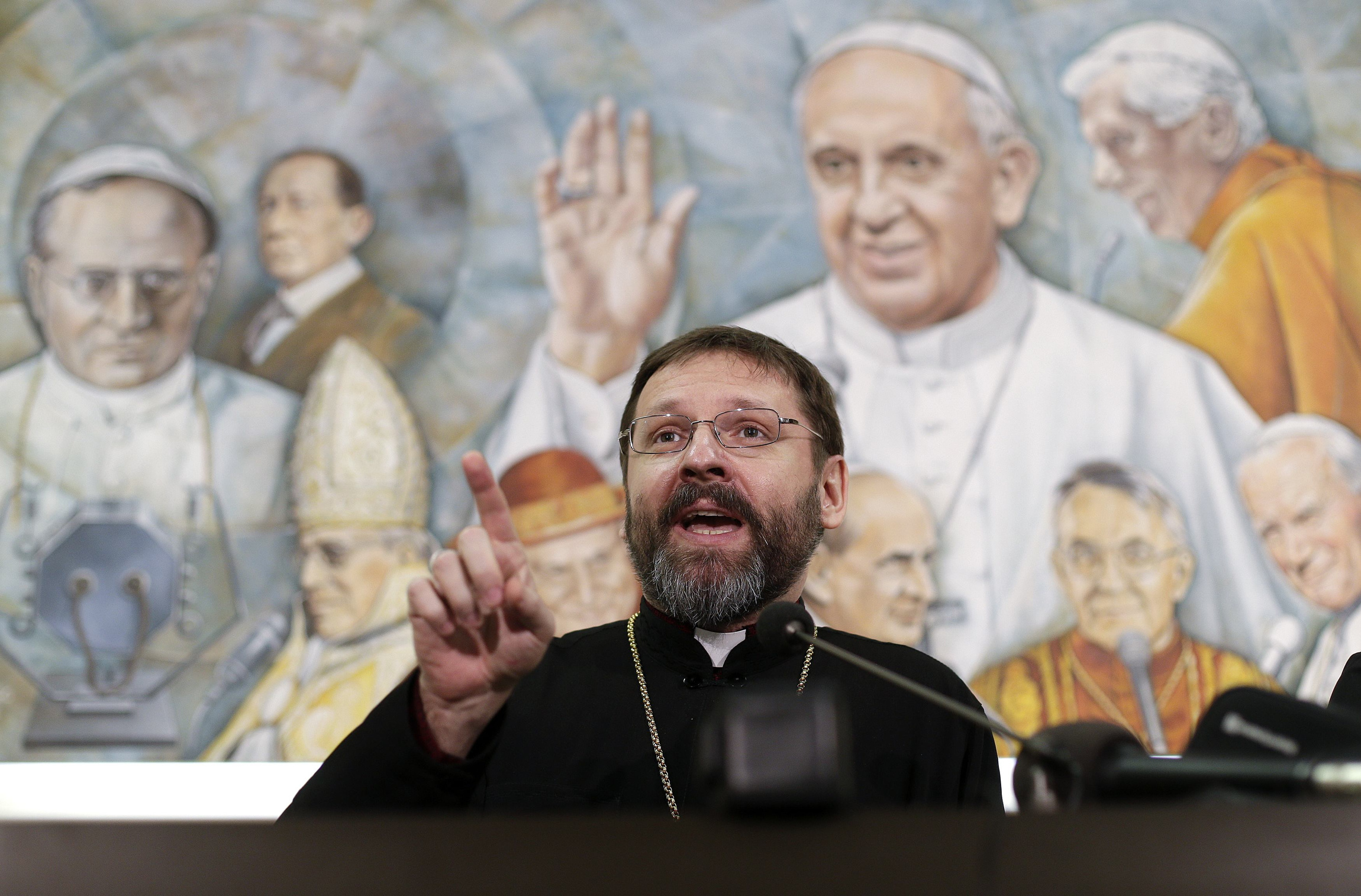Archbishop Sviatoslav Shevchuk of Kiev-Halych, major archbishop of the Ukrainian Catholic Church, speaks Feb. 25 during a Rome news conference on the recent events in the Ukrainian capital. (CNS photo/Max Rossi, Reuters) (Feb. 25, 2014)