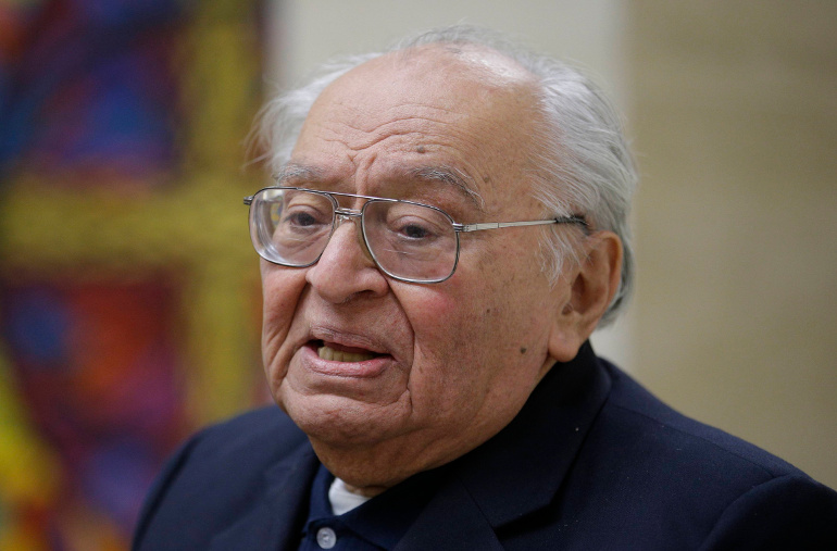 Dominican Fr. Gustavo Gutierrez, an 85-year-old Peruvian theologian, speaks during a news conference to unveil the book "Poor For The Poor: The Mission Of The Church" by German Cardinal Gerhard Muller, doctrinal congregation prefect, in Rome Feb. 25. (CNS/Reuters/Max Rossi)