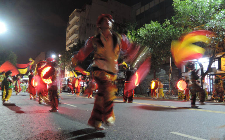 Carnival performers are seen March 1 in the Villa Crespo neighborhood of Buenos Aires, Argentina. The celebration in Argentina is typically less bawdy than in neighboring Brazil. (CNS photo/David Agren)