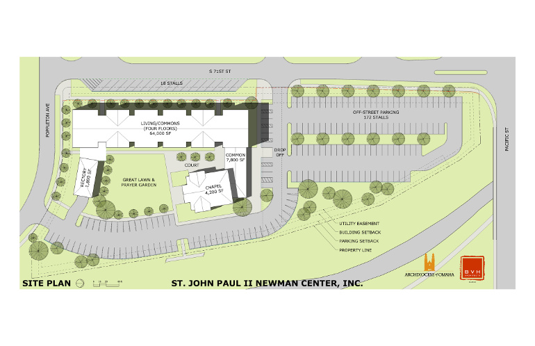 This is an architectural rendering of the Archdiocese of Omaha, Neb.'s proposed St. John Paul II Newman Center near the University of Nebraska at Omaha's Aksarben campus. (CNS illustration/courtesy BVH Architects)
