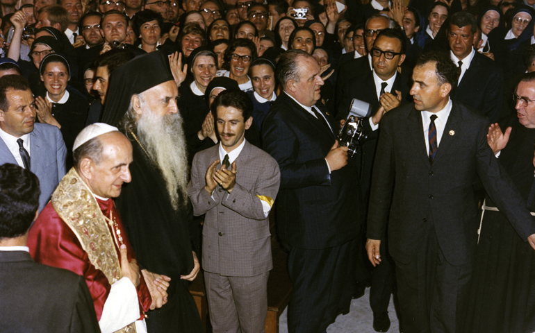 Pope Paul VI and Ecumenical Patriarch Athenagoras attend a prayer service in Jerusalem in January 1964. (CNS/Giancarlo Giuliani, Catholic Press Photo)