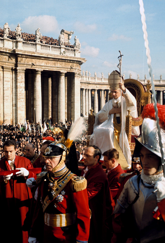 Pope Paul VI is carried on the "sedia gestatoria," a ceremonial throne, during the closing liturgy of the Second Vatican Council in St. Peter's Square at the Vatican Dec. 8, 1965. (CNS/Giancarlo Giuliani, Catholic Press Photo)