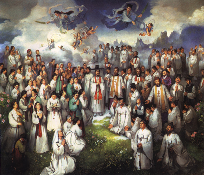 A painting depicting 103 Korean martyrs that Pope John Paul II canonized in 1984. When Pope Francis travels to South Korea next week, he will put 124 additional martyrs on the path to sainthood by beatifying them. (CNS/Courtesy of the Seoul archdiocese)