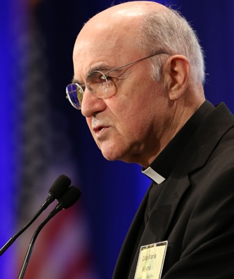 Archbishop Carlo Maria Vigano, apostolic nuncio to the United States, speaks Nov. 10, 2014, during the annual fall general assembly of the U.S. Conference of Catholic Bishops in Baltimore. (CNS/Bob Roller)