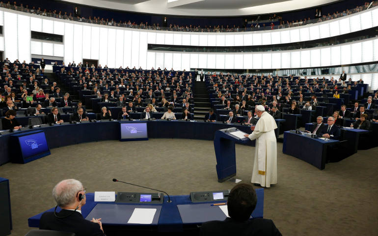 Pope Francis speaks during a visit to the European Parliament in Strasbourg, France, Nov. 25. (CNS photo/Paul Haring)