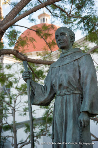 A statue of Blessed Junipero Serra is seen in 2012 outside Mission Basilica San Juan Capistrano in San Juan Capistrano, Calif. Pope Francis will canonize the friar in September in Washington, D.C. (CNS photo/Bob Mullen)