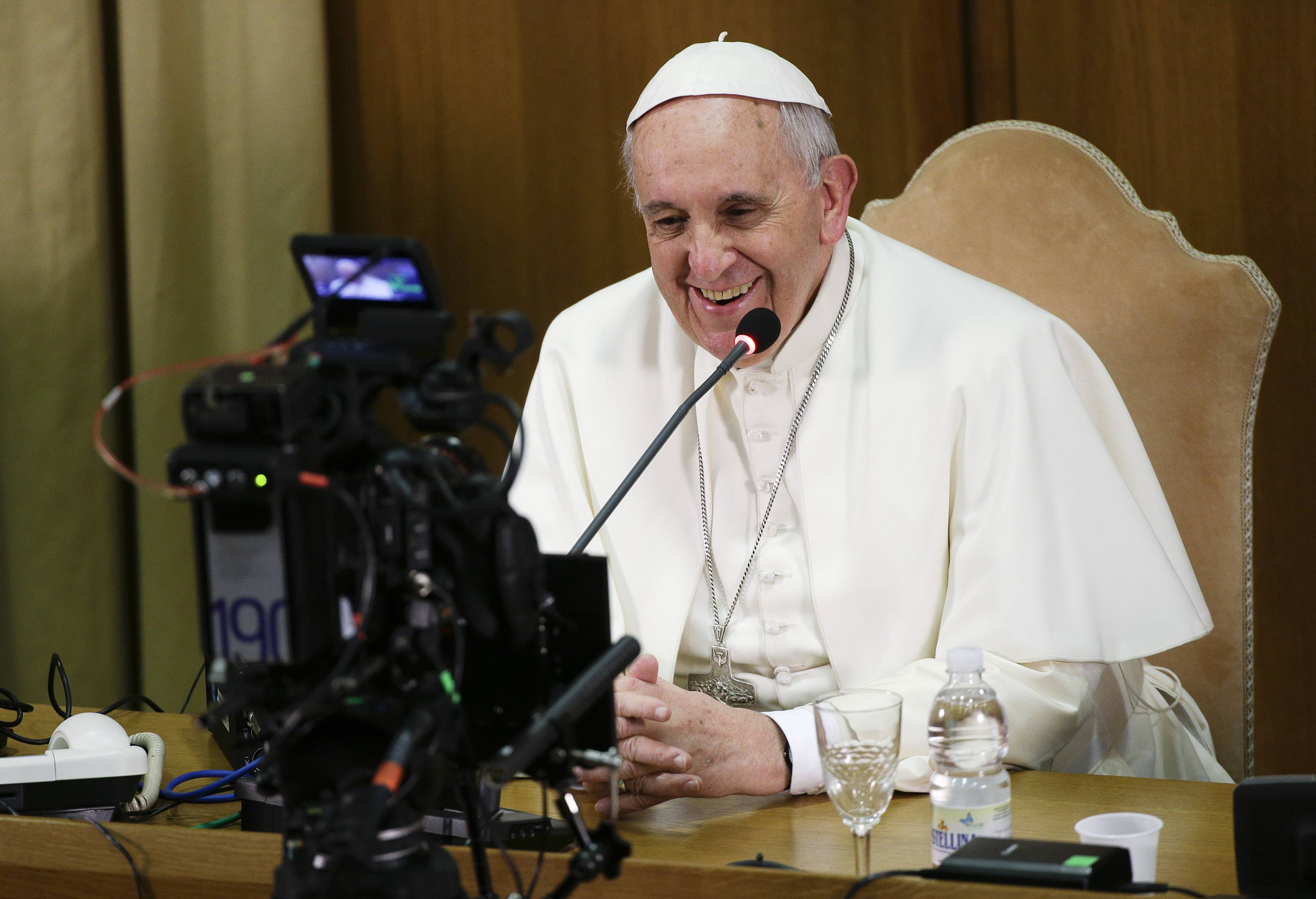 Pope Francis looks into to a camera during a worldwide broadcast online as he leads a meeting for the Fourth World Congress of Educational Scholas Occurrentes in the synod hall at the Vatican Feb. 5. (CNS/Reuters/Max Rossi)