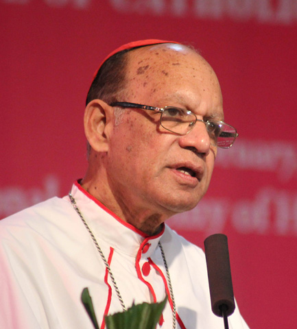 Indian Cardinal Oswald Gracias speaks at a meeting of Indian Catholic bishops in Bangalore Feb. 3. (CNS photo/Anto Akkara)