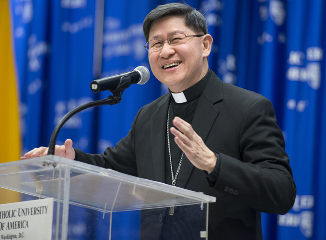 Cardinal Luis Antonio Tagle of Manila, Philippines, an alumnus of The Catholic University of America, delivers the university's annual Cardinal Dearden Lecture March 2. (CNS photo/Ed Pfueller, The Catholic University of America)