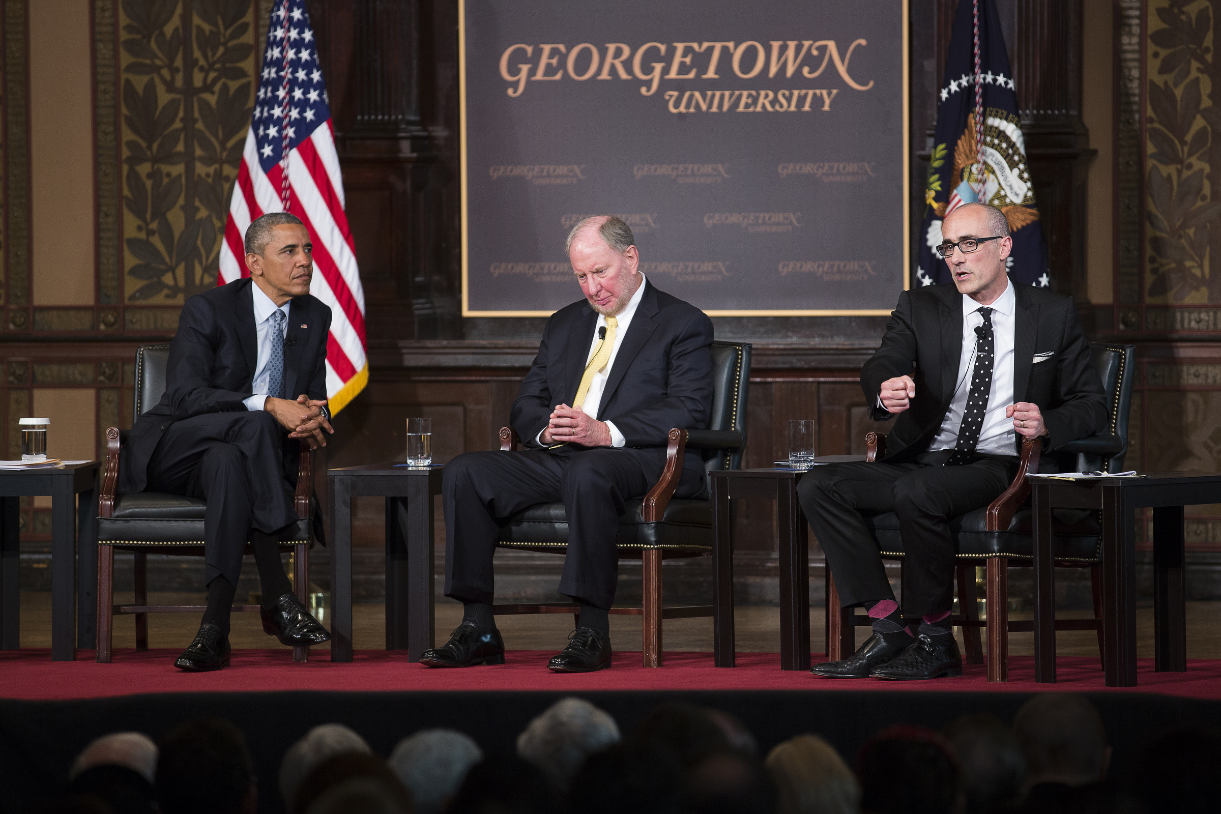 Arthur Brooks, of the American Enterprise Institute, right, talks May 12, 2015, with U.S. President Barack Obama and Robert Putnam of Harvard University during the Catholic-Evangelical Leadership Summit on Overcoming Poverty at Georgetown University in Washington. (CNS/Tyler Orsburn)