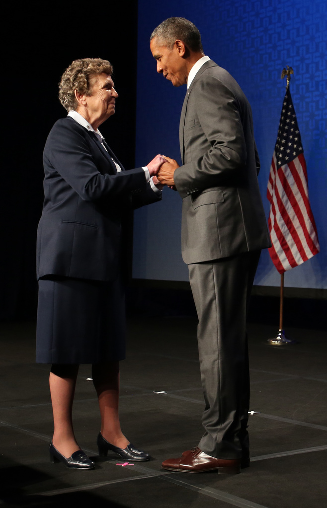 Sr. Carol Keehan, a Daughter of Charity who is president and CEO of the Catholic Health Association, greets President Barack Obama June 9 in Washington during CHA's annual assembly. (CNS/Bob Roller)