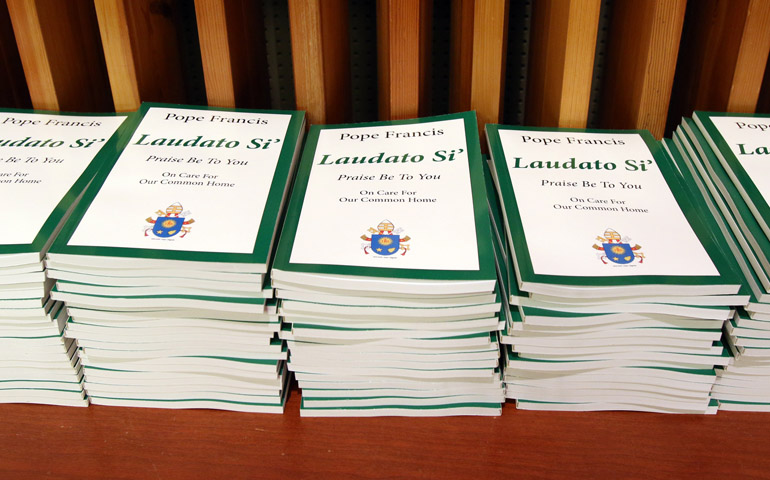 Copies of Pope Francis' encyclical on the environment, "Laudato Si', on Care for Our Common Home," are stacked on a table June 30, 2015, in New York City. (CNS/Gregory A. Shemitz)