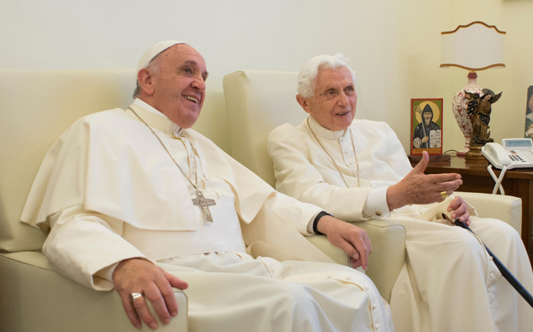 Pope Francis chats with retired Pope Benedict XVI at the retired pope's home at the Mater Ecclesiae monastery at the Vatican June 30. (CNS/L'Osservatore Romano)