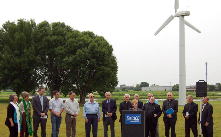 Iowa Catholic and other religious leaders and clean energy advocates hold a news conference July 2 to urge the state's people to take action on environmental issues in light of Pope Francis' new Laudato Si'" encyclical. (CNS photo/courtesy Des Moines diocese)