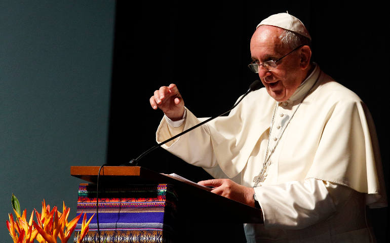 Pope Francis speaks at the second World Meeting of Popular Movements in Santa Cruz, Bolivia, July 9. (CNS photo/Paul Haring)