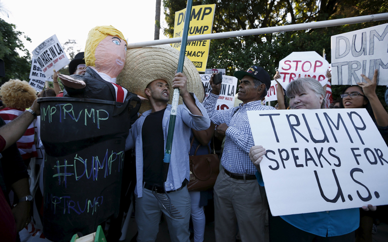 Opponents and supporters of Republican presidential candidate Donald Trump demonstrate outside a Los Angeles hotel July 10. (CNS/Lucy Nicholson, Reuters)