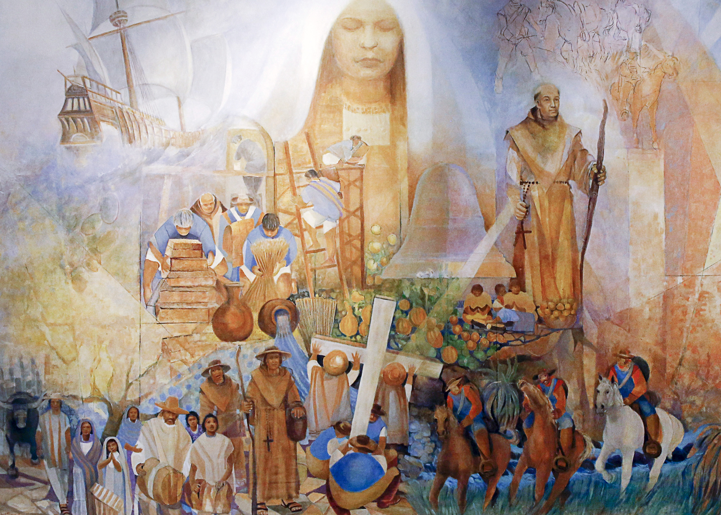 A mural by Frank A. Martinez greets people entering the Cathedral of Our Lady of the Angels in Los Angeles, Calif. The rendering depicts figures from early 18th-century California, including Blessed Junipero Serra (right) and native people building the missions and harvesting crops. (CNS/Nancy Wiechec)