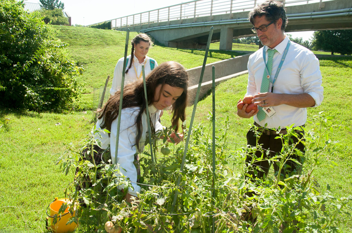 Brent Fernandez, who teaches Catholic social teaching at Father Ryan High School in Nashville, Tenn., tends the school garden with some of his students Aug. 12. (CNS/Theresa Laurence, Tennessee Register)