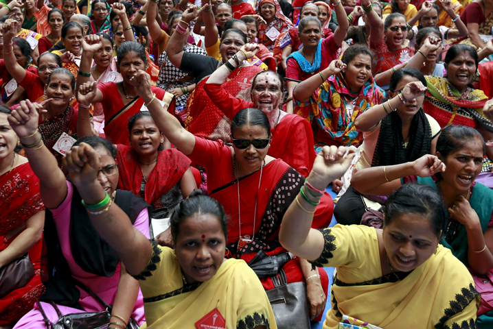 Workers from various trade unions shout slogans during an anti-government protest rally, organized as part of a nationwide strike, in Mumbai, India, Sept. 2. (CNS/Danish Siddiqui, Reuters)